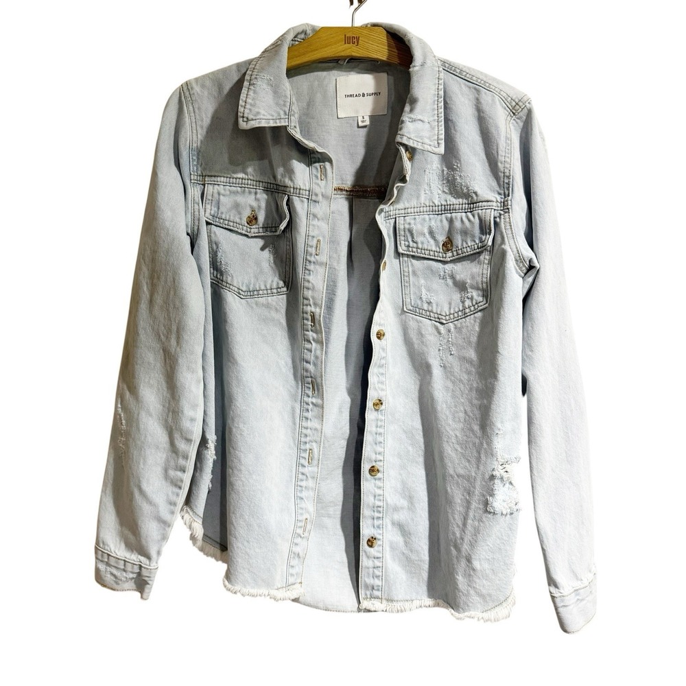 Thread & Supply Women Small Faded Denim Shirt Jacket Distressed‎
